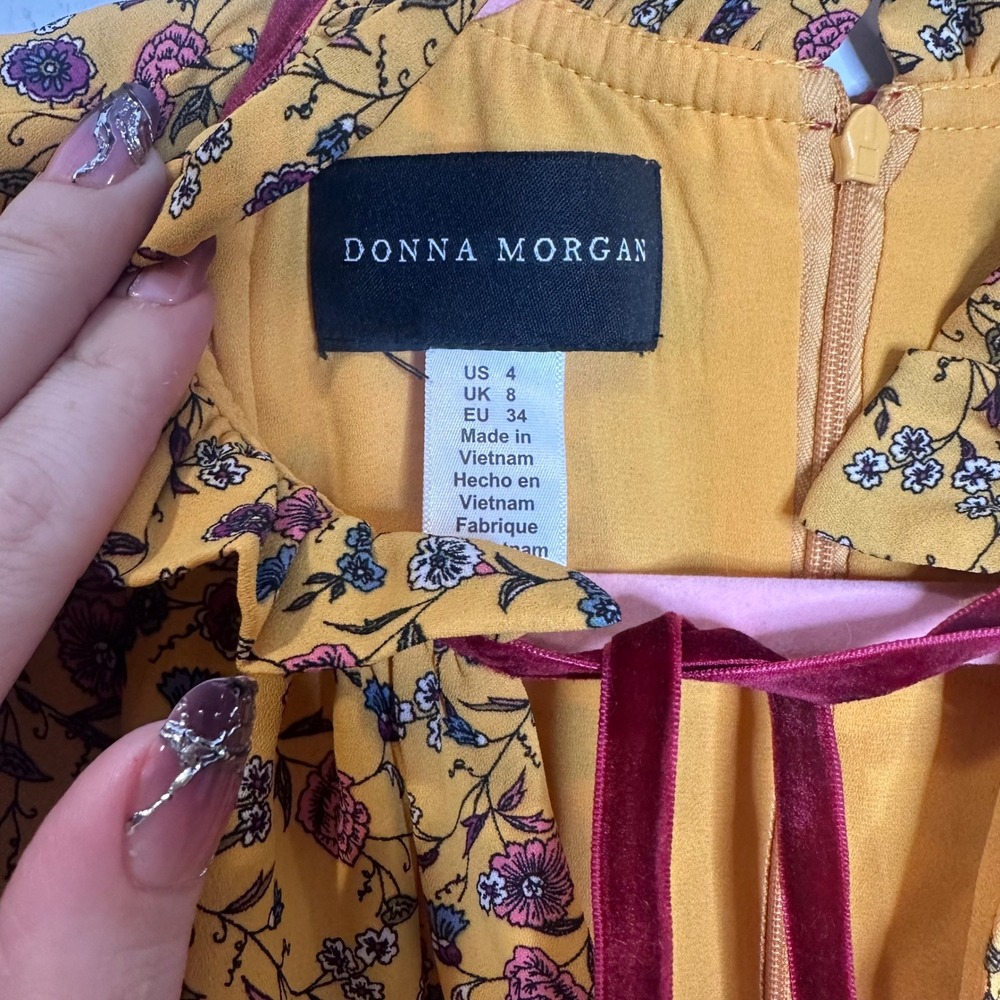 Donna Morgan Yellow Floral Midi Dress Velvet Tie Neck Ruffle Flutter Sleeve 4 - Picture 3 of 9